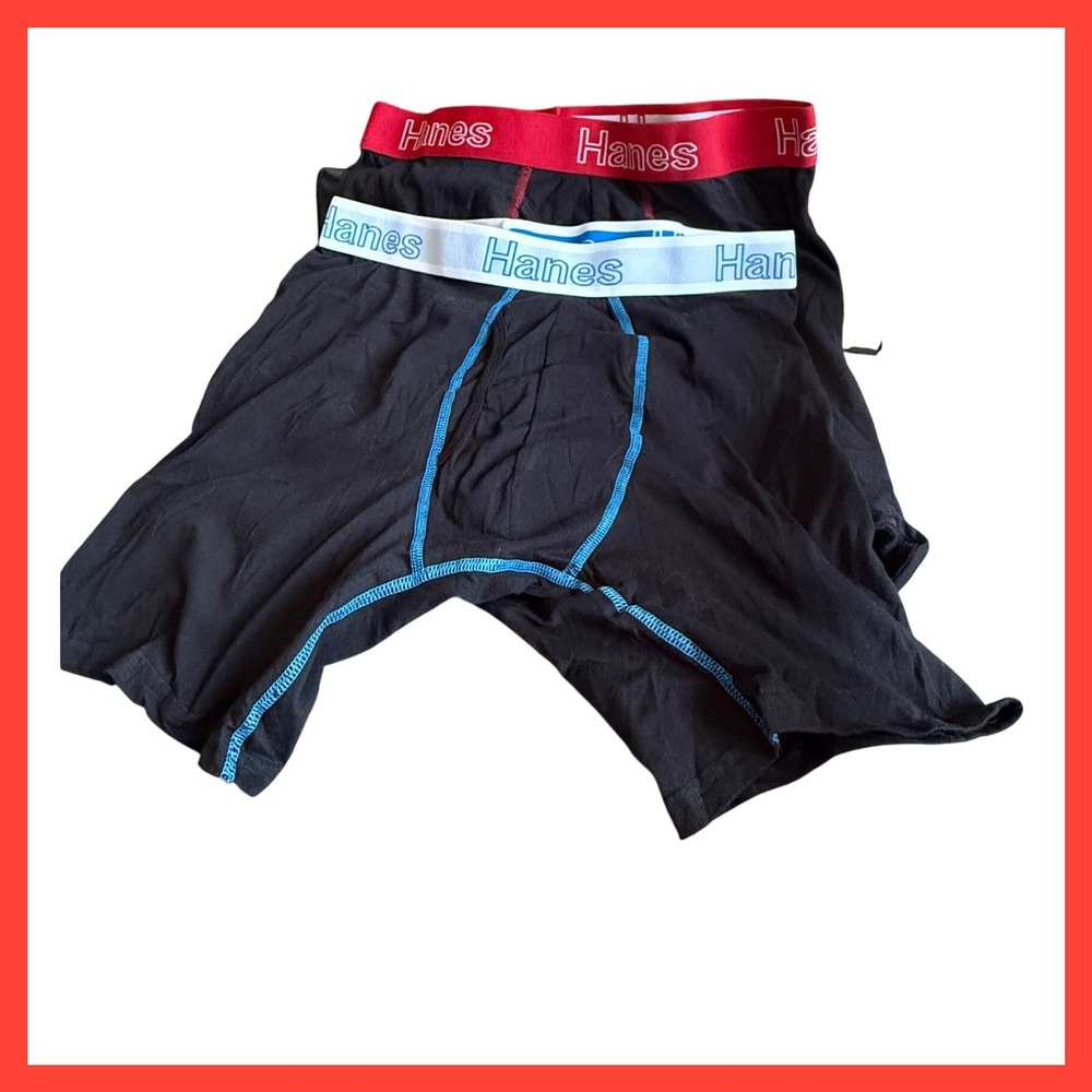 Hanes Mens Boxer Briefs Lot of 2 Black Cotton Stretch Contrast Stitch Size Large